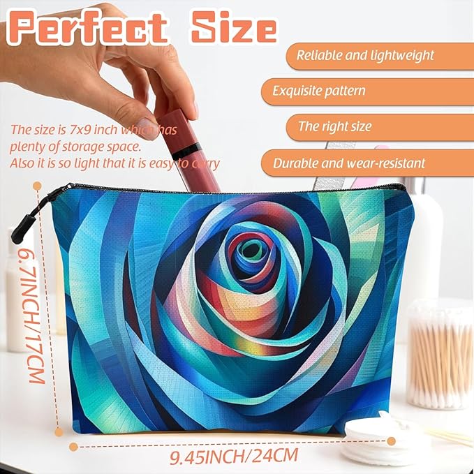 Scribesense Cosmetic Bags Travel Makeup Toilet Case Waterproof Pouch for Women Girls 6.7X9.45inches - Blue - Toned Abstract Rose - Like Spiral