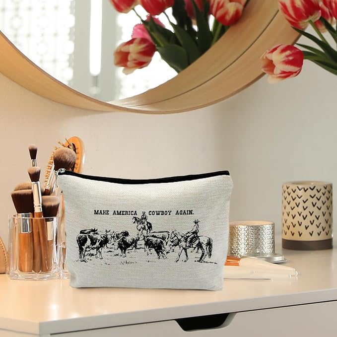 RYYCDOI Western Makeup Bag, Western Gifts for Women, Cowgirl Gifts, Country Girl Gifts, Make America Cowboy Again Vintage Cosmetic Bags Toiletry Bag for Women