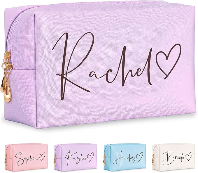 Fincekoom Personalized Makeup Bag with Name & Birth Flower, Custom Leather Cosmetic Bags for Women, Customized Travel Toiletry Bag Gifts for Bridesmaid Wedding