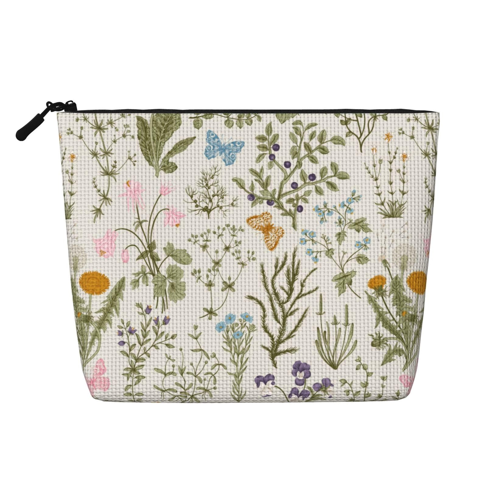 MOLAIGIN Vintage Color Plants Herbs Floral Butterfly Botanical Cosmetic Bag For Women, Travel Makeup Bag, Toiletry Zipper Bag, Large Capacity Aesthetic Cases