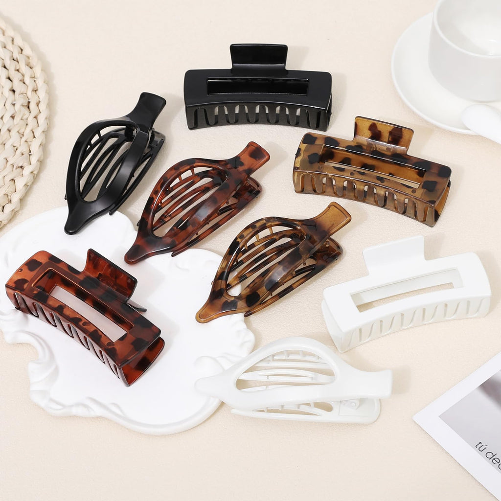 Hair Clips for Women 4.3 Inch Large Hair Claw Clips 8 pcs Square Claw Clips & Flat Hair Clips for Thick or Thin Hair French Concord Hair Barrettes Alligator Hair Accessories for Women (Leopard)