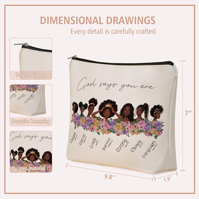 Girlly First Communion Gifts For Girls - God Says You Are Christian Makeup Bag for African American Black Teen Girls & Women, Black Girl Magic Cosmetic & Toiletry Organizer Pouch with Lining.