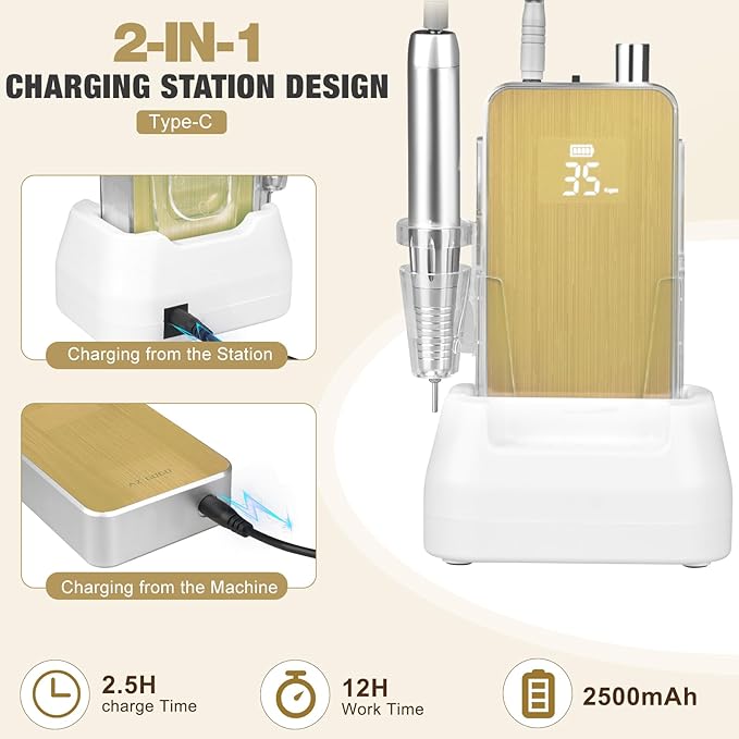 Professional Portable Nail Drill, AZ GOGO 35000RPM Rechargeable Cordless Electric Nail Drills for Acrylic Gel Nails - 60W Coreless Motor Quieter, High Efficiency Pro E-File for Salon & Home