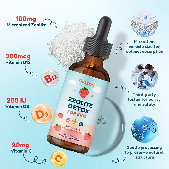 Diozoe Zeolite Detox for Kids, Gentle Wellness Support, Zeolite with Methyl B12, Vitamin D3 and C, Natural Zeolite Drops for Gut
