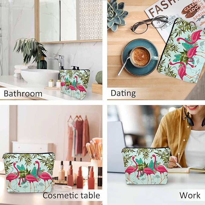 Kalygon Women Makeup Organizer Bag Flamingo Exotic Flamingo Tropical Palms Flax Cosmetic Bag Makeup Bags Toiletry Bag Accessories Organizer Travel Bags For Home Bathroom Office Hotel Gym Pink Green