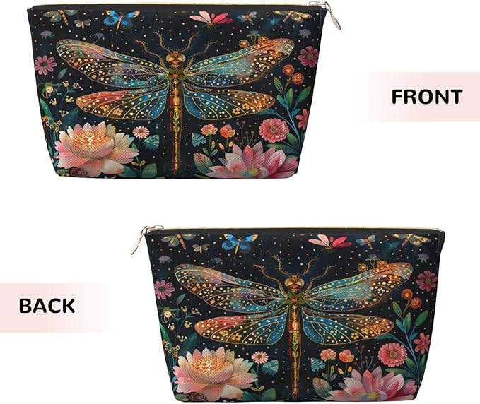 Dultua Mothers Day Gifts Makeup Bag Purse Cosmetic Bag Travel Toiletry Leather Make Up Bags for Mom Wife Women Daughter Floral Dragonfly