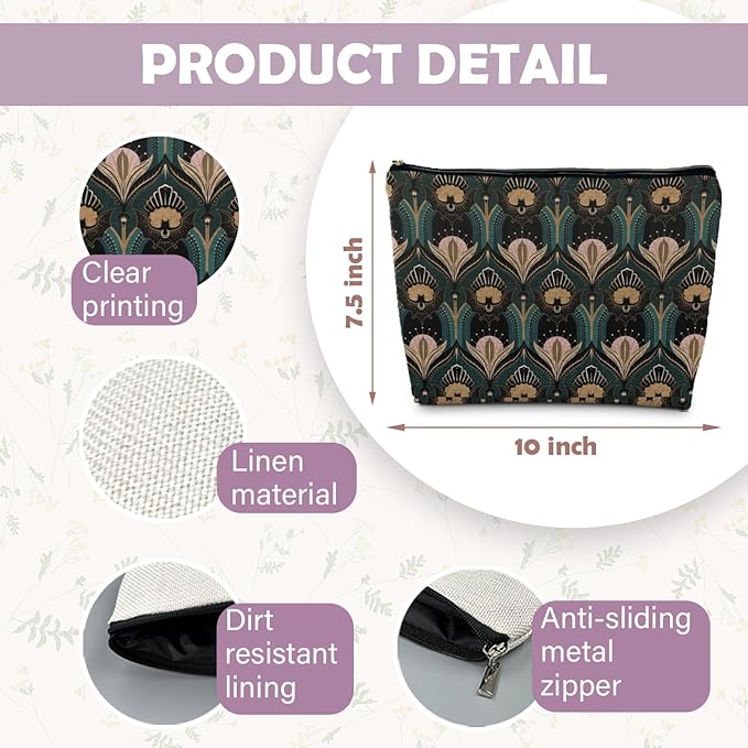 RYYCDOI Witchy Goth Makeup Bag, Vintage 1920s Bats and Flowers Aesthetic Cosmetic Toiletry Bag for Women