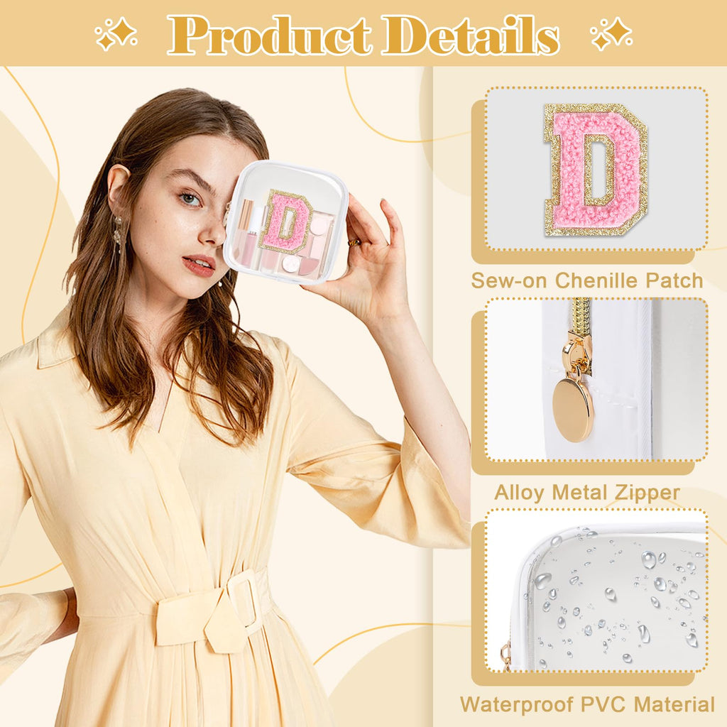 Personalized Initial Letter Clear Preppy Makeup Bag,Mini Nylon Chenille Letter Cosmetic Bag Cute Zipper Pouch Purse for Teen Girls,Portable TSA Approved Beach Travel Essentials Bag Gift for Women,D
