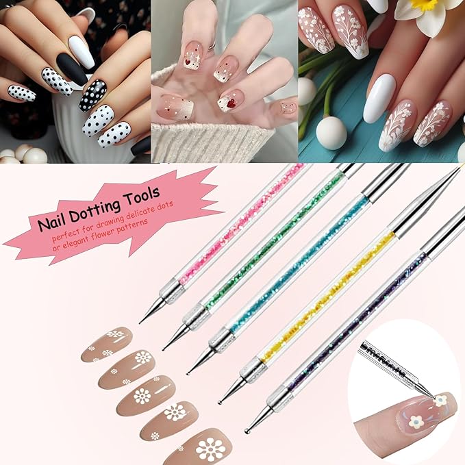 Whmeolyo Nail Art Brushes, 8Pcs Double-Ended Acrylic Nail Brush Set & Picker Brush Tool for Nail Art with PolyGel Gel Acrylic Nails Extension Fine Liner Brushes and Dotting Pen (6,7,8,9,11 mm)