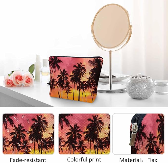 Kalygon Tropical Beach Makeup Bags Makeup Organizer, Hawaii Ocean Beach Palm Trees Sunset Flax Toiletry Bags Travel Cosmetic Bag Makeup Purse Pouch Skincare Bag Wallet Bags For Women Female Mom