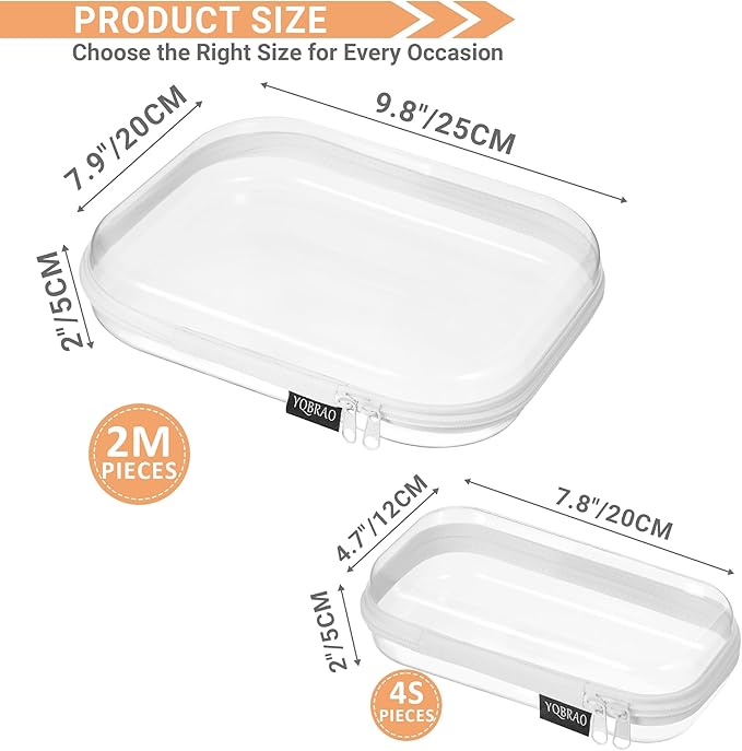 YQBRAO 6 Pack Clear Hard Shell Beauty Organizer (2M+4S), 1.2mm Crush-Proof Cosmetic Case, Reinforced YKK Zippers, Stadium Approved Security Bag for Skincare, Toiletries & Electronics, Multi-Size Set