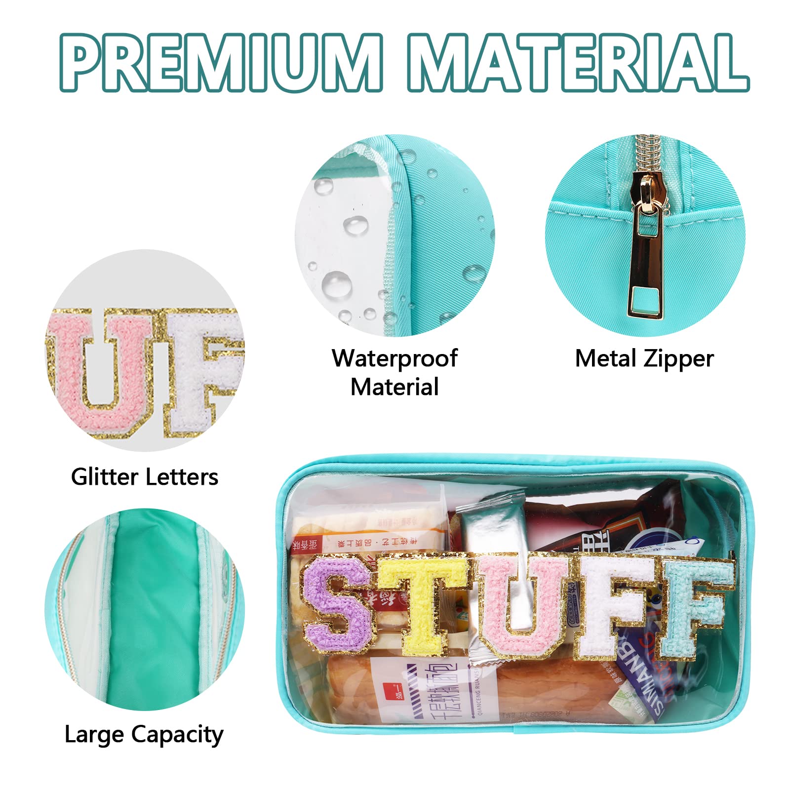 Iqimott Clear Patch Makeup Bag Stuff Pouch, Preppy Personalized Chenille Letter Cosmetic Pouch for Travel, Nylon Waterproof Organizer Travel Essentials Zipper Toiletry Bags for Women Girls(Green)