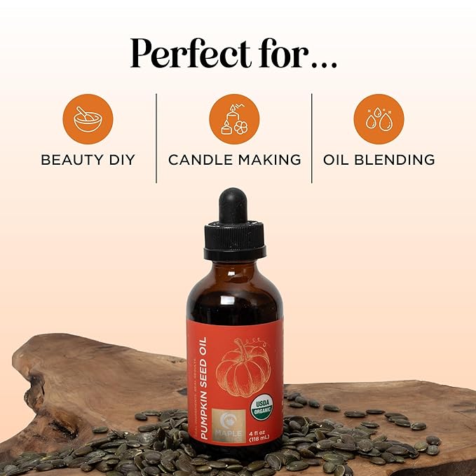 Maple Holistics Pumpkin Seed Oil Organic Certified - 100% Pure Organic Pumpkin Seed Oil for Hair and Anti Aging Face Oil - USDA Organic for Dry Hair and Volume - Virgin Cold Pressed & Unrefined (4oz)