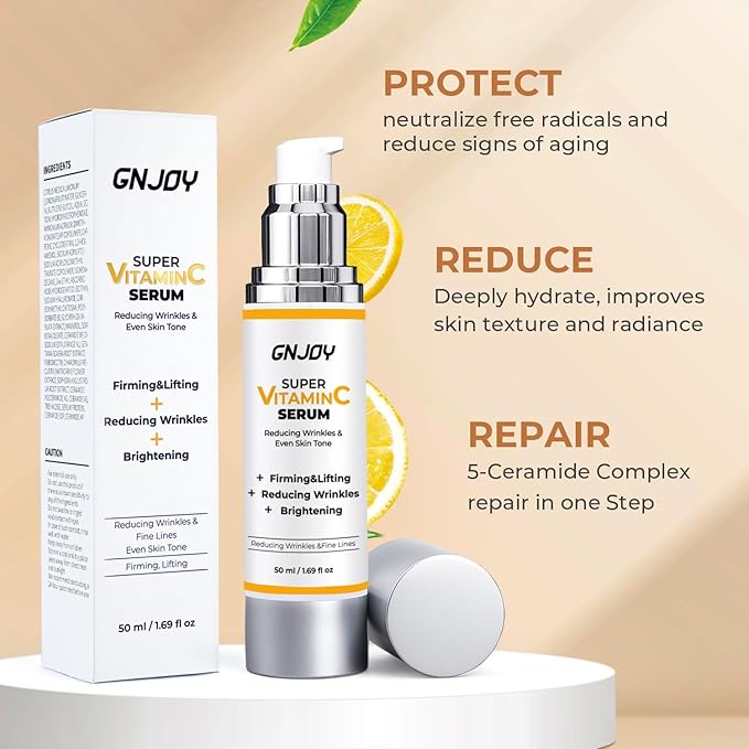 GNJOY Vitamin C Serum with Hyaluronic Acid & Caffeine for Mature Skin