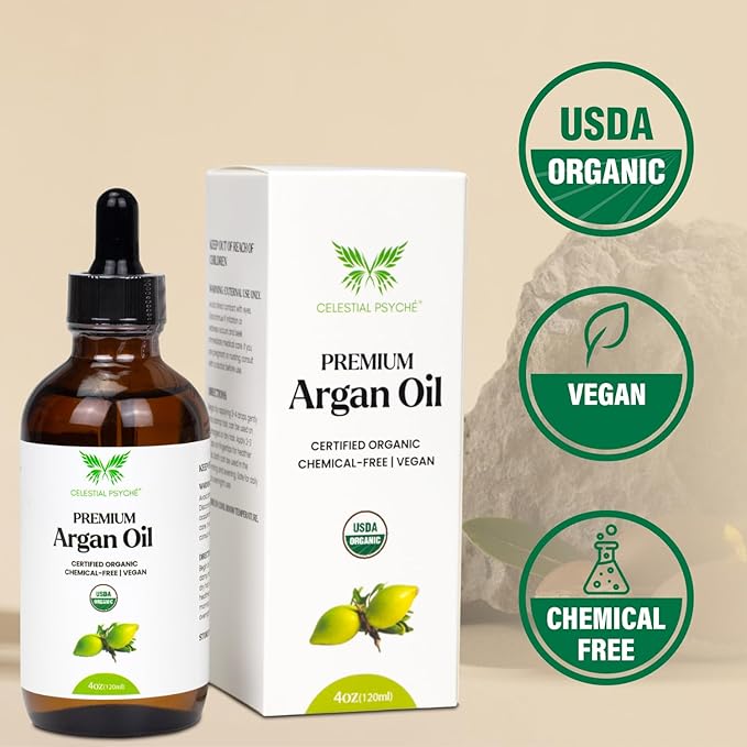 Celestial Psyché USDA Certified Organic Argan Oil (4 Oz) 100% Pure Natural, Chemical-Free, Vegan, Hexane-Free, Healthy Hair Growth, Scalp Care, Skin Hydration, Natural Beauty Enhancement