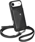 LUCKYCOIN Crossbody Phone Case for iPhone Air,100% Genuine Leather Phone Wallet Case for Women,Fashion Premium Hands-Free Phone Purse with Expandable Flip Card Holder & Adjustable Strap - Pebble Black