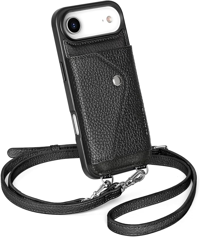 LUCKYCOIN Crossbody Phone Case for iPhone Air,100% Genuine Leather Phone Wallet Case for Women,Fashion Premium Hands-Free Phone Purse with Expandable Flip Card Holder & Adjustable Strap - Pebble Black