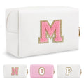 Personalized Makeup Bag Initial A-Z Preppy Patch Bag,Small PU Leather Travel Cosmetic Bag Pouch with Zipper,White Cute Toiletry Bag,Gift Ideal for Teen Girls Women Birthday Friend Mom,Letter M