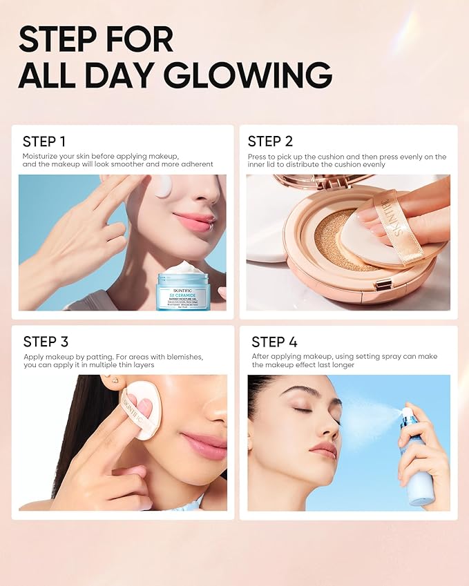 Full Coverage Cushion Foundation, Weightless, Skin Fit, Satin Glow Finish, Oil-Control Waterproof Foundation, Sweatproof Flawless BB Cream CC Korean Makeup,Tattoo Cover Up, Buildable(#22C Peach Beige)