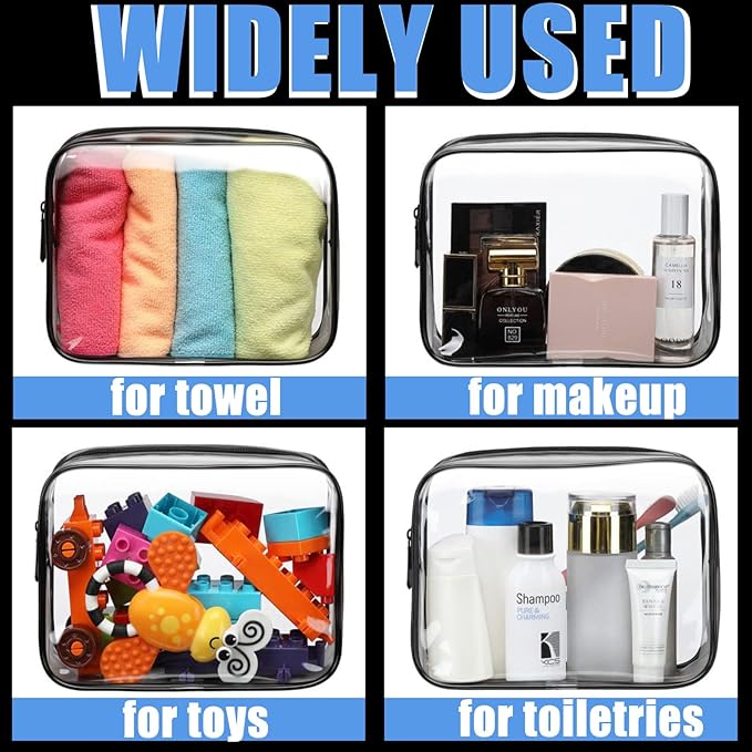 Eilyliafe 12 Pcs Clear Cosmetic Bag PVC Waterproof Zippered Clear Toiletry Carry Pouch Cosmetic Makeup Bag for Women Men Vinyl Plastic Organizer Case for Vacation Bathroom (Large, Black)