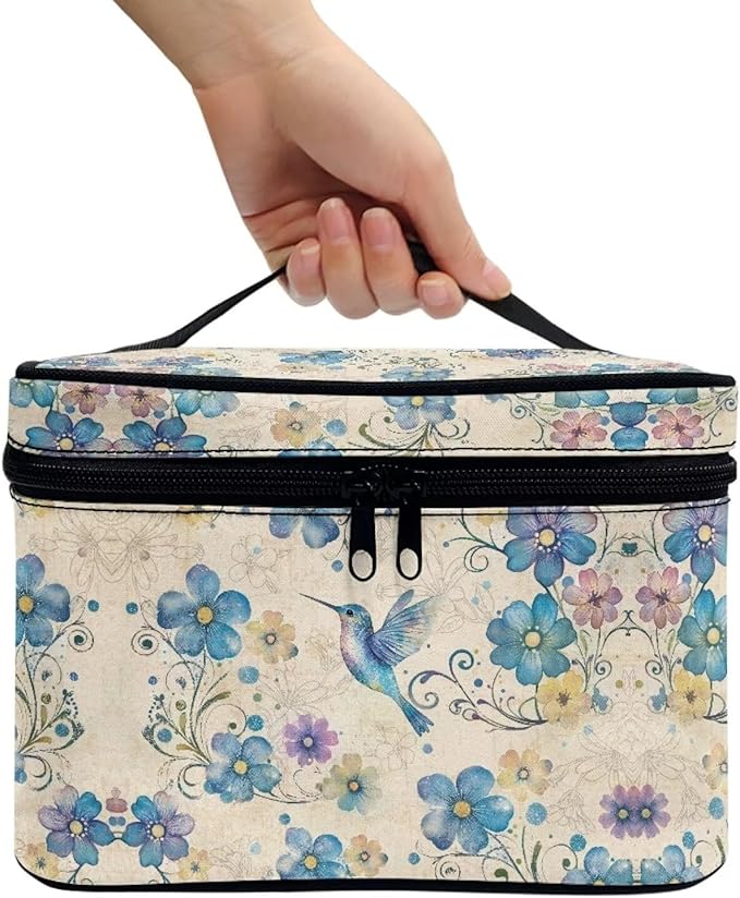 Drydeepin Blue Hummingbird Floral Pattern Travel Makeup Bags for Women Portable Tote Cosmetic Case with Carry Handle Toiletry Accessories Storage Organizer Bags