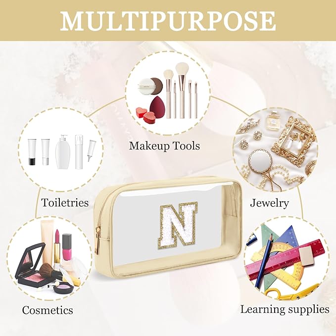 Small Clear Personalized Initial Makeup Bag,Nylon Preppy A-Z Chenille Letter Patch Cosmetic Pouch Beach Toiletry Bag,Waterproof Zipper Travel Purse Storage Bag Organizer for Women Girls(Beige-White N)