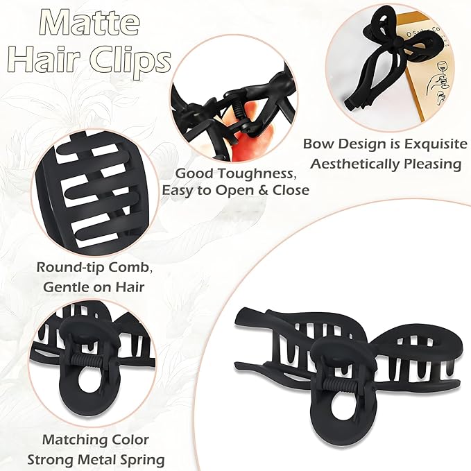 Oneasmot Bow Hair Clips, 5-IN Large Hair Claw for Thick and Thin Hair, Elegant Matte Hair Styling Accessories, Set of 2, Black & White