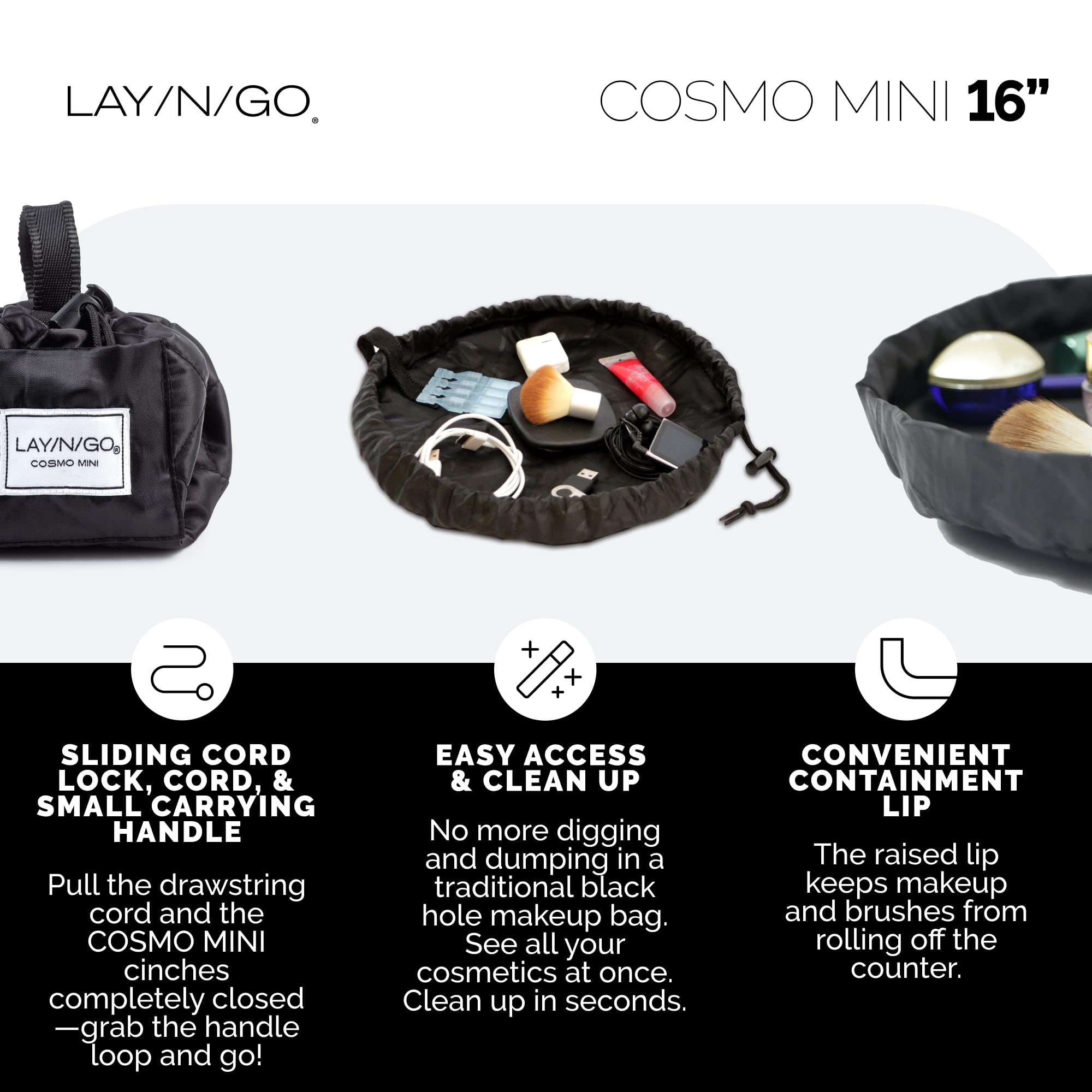 Lay-n-Go Cosmo Layflat Drawstring Cosmetic & Makeup Bag Organizer w/Zipper Pocket, Brush Loops & More, Cinch to Close, Lay Flat to Use, Durable, Machine Wash, Travel Toiletry Bag (16", Black)