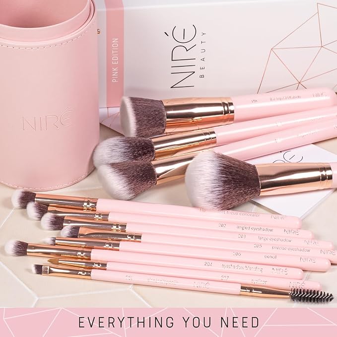 Niré Beauty Cute Makeup Brush Set for Teen Girls, 15 Piece, Pink