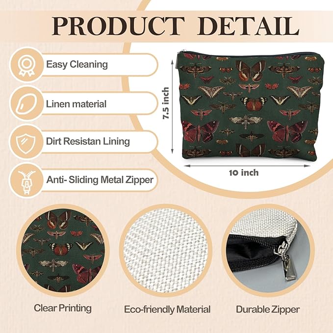 RYYCDOI Moody Green Academia Butterfly Cosmetic Bags Toiletry Bag for Women, Vintage Butterfly Makeup Bag, Butterfly Gifts for Women, Dark Cottagecore Butterflies Makeup Pouch