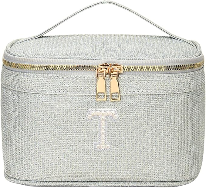 EURYNOME Makeup Bag with Custom Letter T, Water-Resistant Travel Organizer Pouch, (8.3x5.1x5.1 Inch) Cosmetic Case for Women