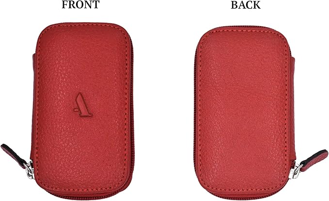 Adamis Full Grain Genuine Leather Keychain Holder Pouch, Key Case, Soft Strong and Compact Organizer and Wallet with Zip Closure for Extra Safety and 6 Key Holder Hooks in Red