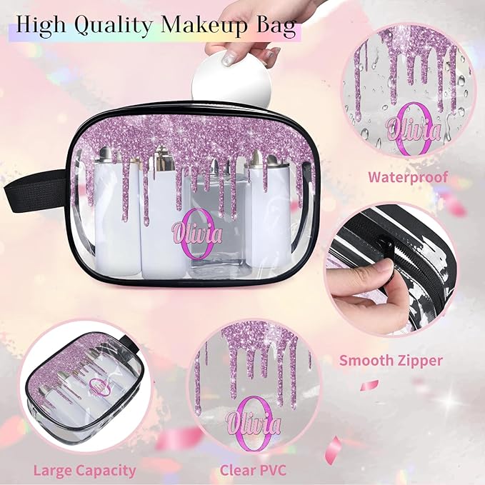 KFNHN Personalized Clear Makeup Bag with Name, Best Friends Teen Women Mom Birthday Gift PVC Cosmetic Toiletry Travel Bag for Toiletries, Plum Purple Fluid Shape Sequins