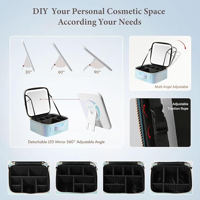 Behaesty Travel Makeup Bag with LED Lighted Mirror, Cosmetic Makeup Organizer Bag with 3 Color Setting, Makeup Train Case with Adjustable Dividers for Women Makeup Brushes Jewelry Accessories