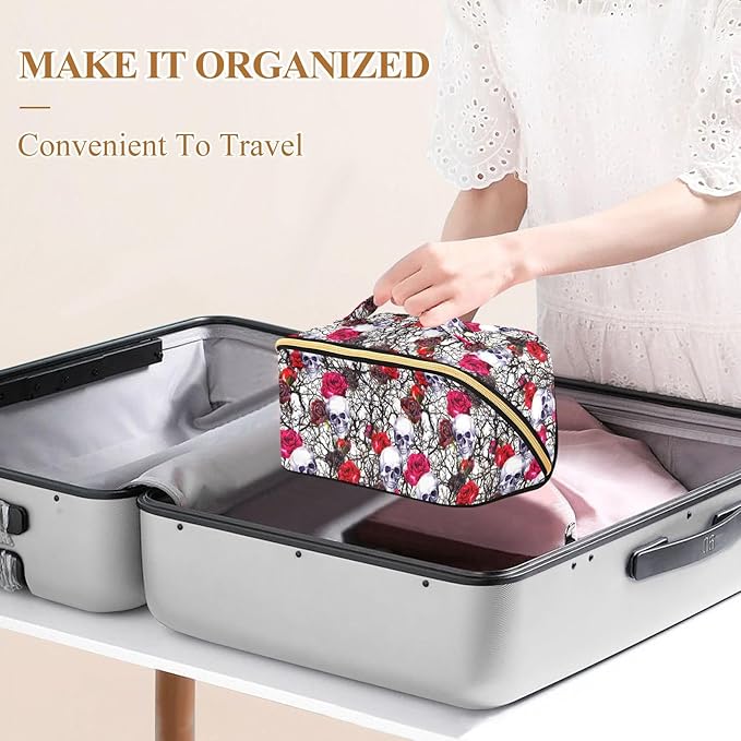MNSRUU Makeup Organizer Bag, Skulls Rose Flowers Travel Makeup Bags Makeup Vanity Case Large Capacity Rhombus Cosmetic Toiletry Bag for Girl Women Ladies