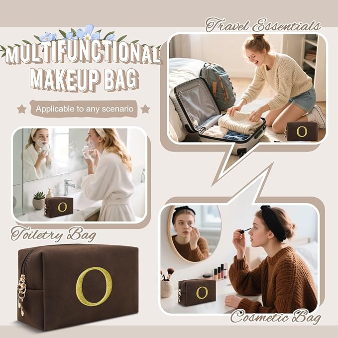 Personalized Initial Makeup Bag,Preppy Suede Cosmetic Bag for Teen Girls,Small Monogram Travel Toiletry Bag With Gold Embroidered Letter,Trendy Stuff Custom Christmas Gift for Women(Coffee-O)