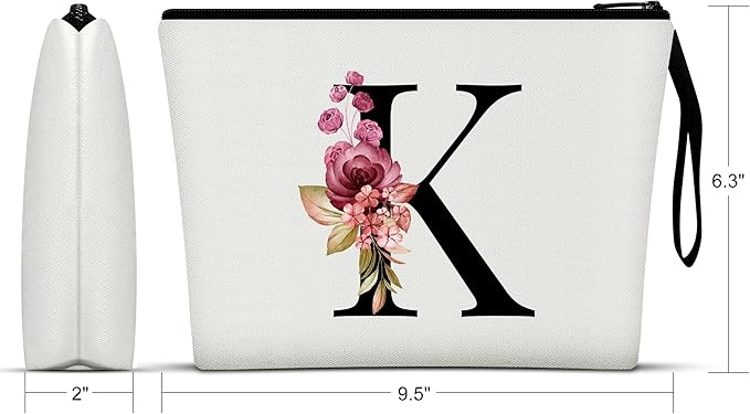 Vavabox A-Z Personalized Makeup Bag, Birthday Gifts for Women Mom, Gifts for Best Friend, Bride Bridesmaid Cosmetic bag (K, 01-White)