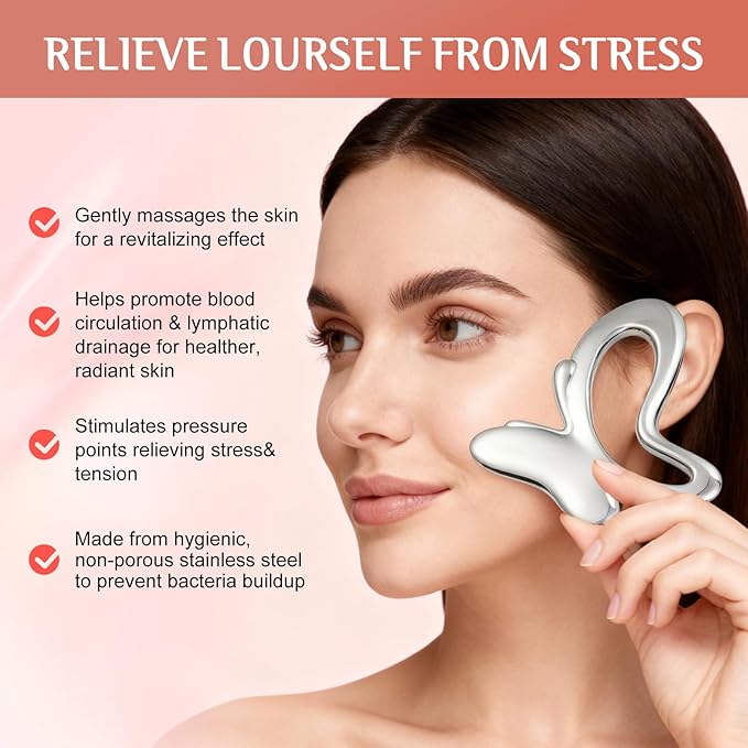 erdnretl Gua Sha & Face Roller, Stainless Steel Gua Sha Facial Tools, Lymphatic Drainage Massager for Face, Eyes, Chin & Jawline Sculpting, Body Gua Sha Tools with Pouch (Light Silver)