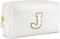 URSKYTOUS Gifts for Girls Initial Makeup Bag Personalized Cosmetic Bag with Zipper Cute Travel Toiletry Bags Waterproof PU Preppy Makeup Pouch Birthday Gift for Teen Girls Women(White J)