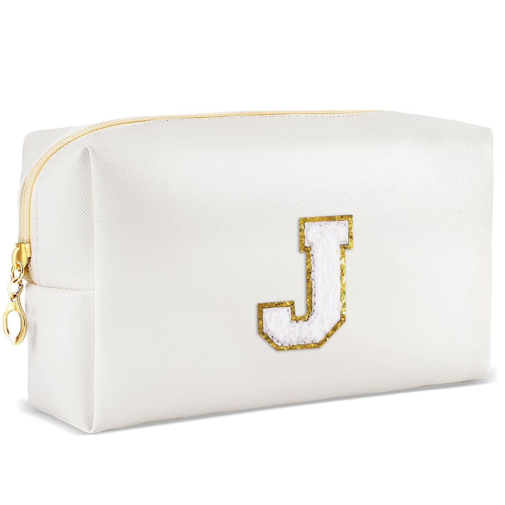 URSKYTOUS Gifts for Girls Initial Makeup Bag Personalized Cosmetic Bag with Zipper Cute Travel Toiletry Bags Waterproof PU Preppy Makeup Pouch Birthday Gift for Teen Girls Women(White J)