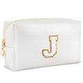 URSKYTOUS Gifts for Girls Initial Makeup Bag Personalized Cosmetic Bag with Zipper Cute Travel Toiletry Bags Waterproof PU Preppy Makeup Pouch Birthday Gift for Teen Girls Women(White J)