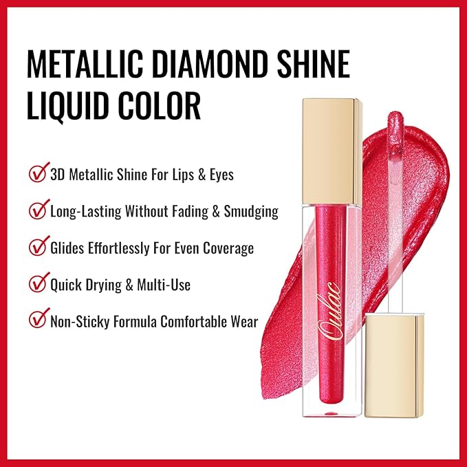 Oulac Red Lipsticks for Women Metallic Lipstick, Long Lasting Lip Gloss Waterproof, Glitter Lipstick, High Impact Lip Color, Transferproof, Vegan & Cruelty-Free Makeup MD07