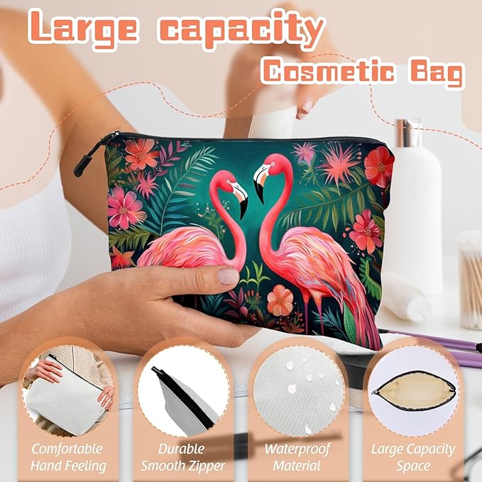 Scribesense Cosmetic Bags Travel Makeup Toilet Case Waterproof Pouch for Women Girls 6.7X9.45inches - Two Flamingos in A Tropical Floral Setting