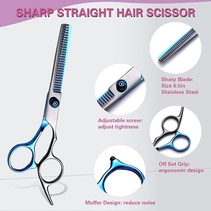 Hair Cutting Kit 11PCS - Professional Scissors With Stainless Steel Shears, Thinning Shears, and Accessories in Leather Case for Salon/Home (Black - Blue)