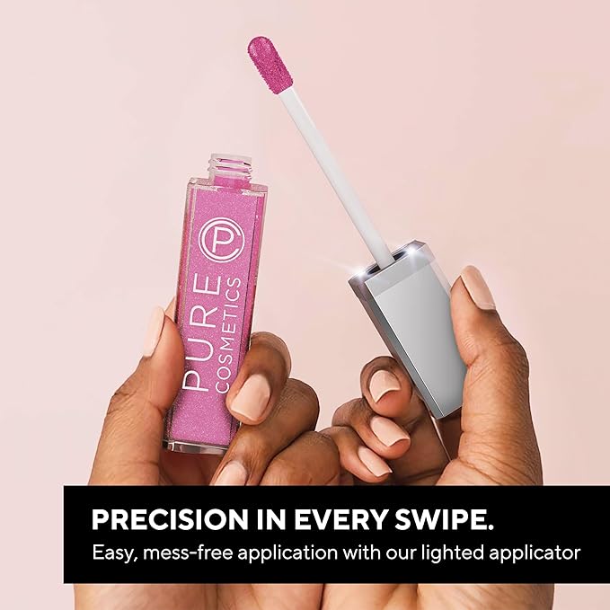 Pure Illumination Light-Up Lip Gloss with LED-Lit Applicator Brush + Side Mirror, Non-Sticky, Moisturizing Hydrating Lip Glosses with Lanolin, Jojoba Oil, & Vitamin E, Nude Beach
