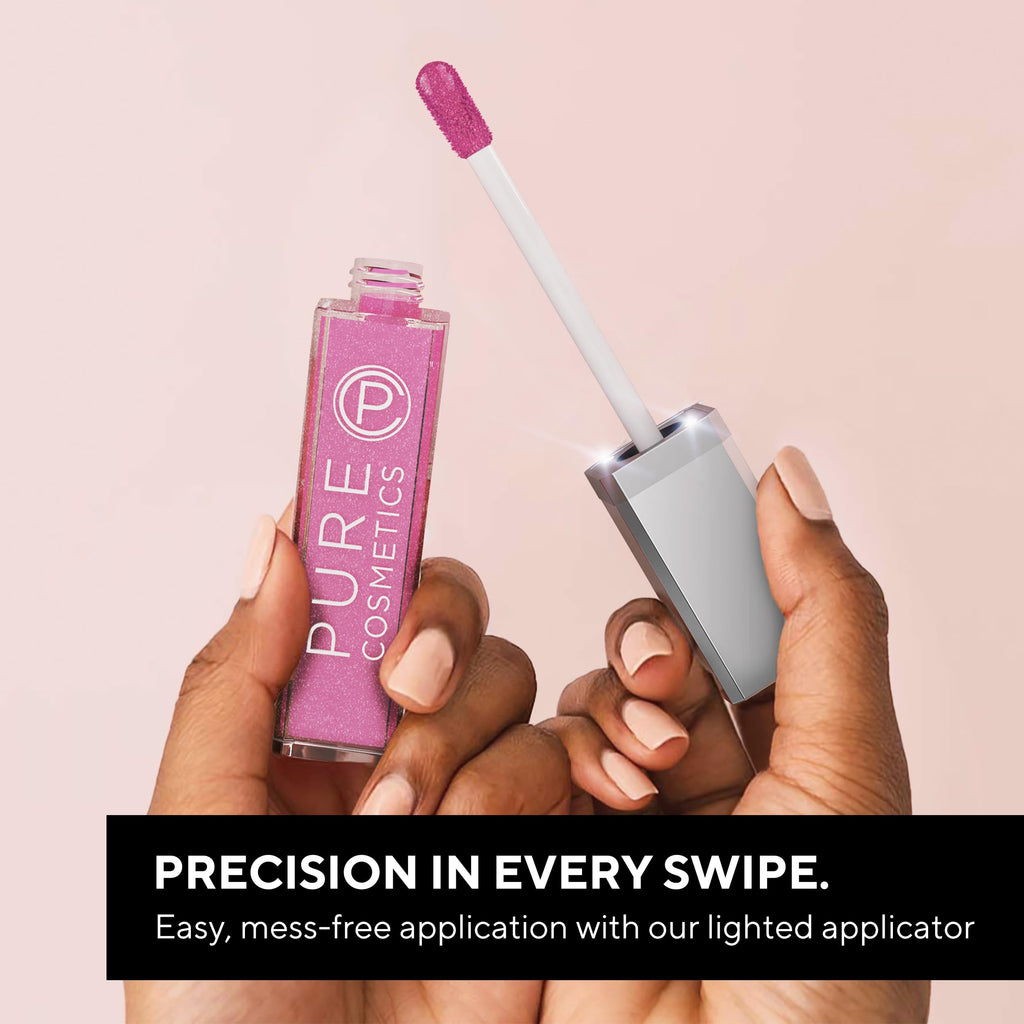 Pure Illumination Light-Up Lip Gloss with LED-Lit Applicator Brush + Side Mirror, Non-Sticky, Moisturizing Hydrating Lip Glosses with Lanolin, Jojoba Oil, & Vitamin E, Clear