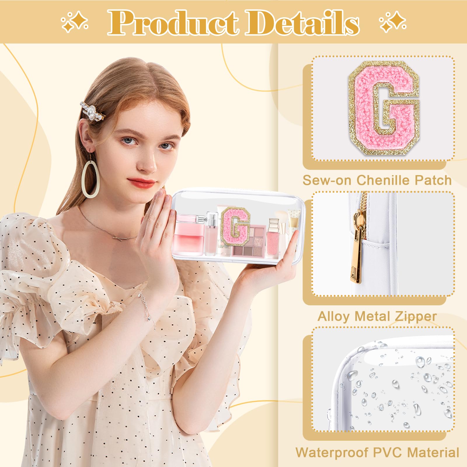 UIXIZQ Personalized Initial Letter Clear Preppy Cosmetic Bag, Travel Toiletry Bag, Clear Nylon & PVC, Adult Female Women's Cosmetic Case