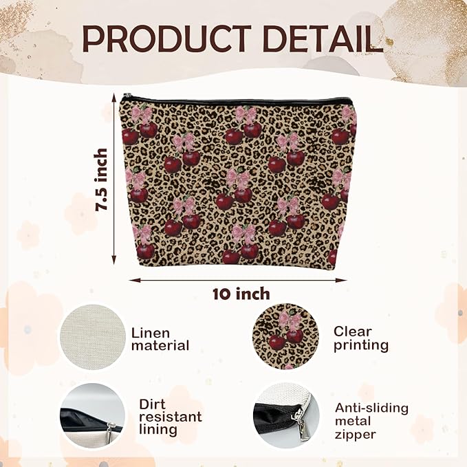 SAFDSGFDB Leopard Print Cherry Makeup Bag, Coquette Preppy Pink Bow Cherry Cosmetic Bags Gifts for Women, Funky Y2k Cheetah Print Portable Travel Toiletry Bag Zipper Makeup Pouch