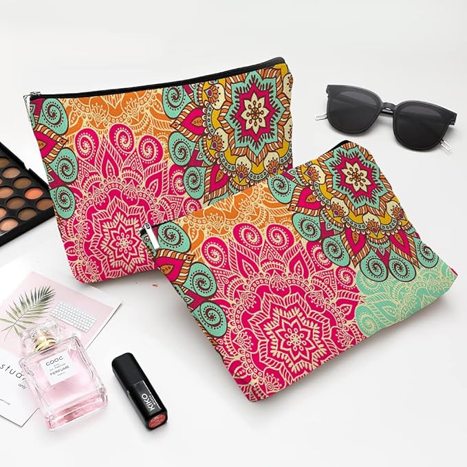 Givotin Cute Makeup Bag for Purse Canvas Waterproof Funny Cosmetic Bags for Women Zipper Travel Toiletry Pouch-Boho Flower Makeup Bags