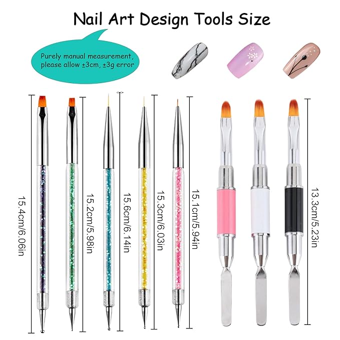 Whmeolyo Nail Art Brushes, 8Pcs Double-Ended Acrylic Nail Brush Set & Picker Brush Tool for Nail Art with PolyGel Gel Acrylic Nails Extension Fine Liner Brushes and Dotting Pen (6,7,8,9,11 mm)